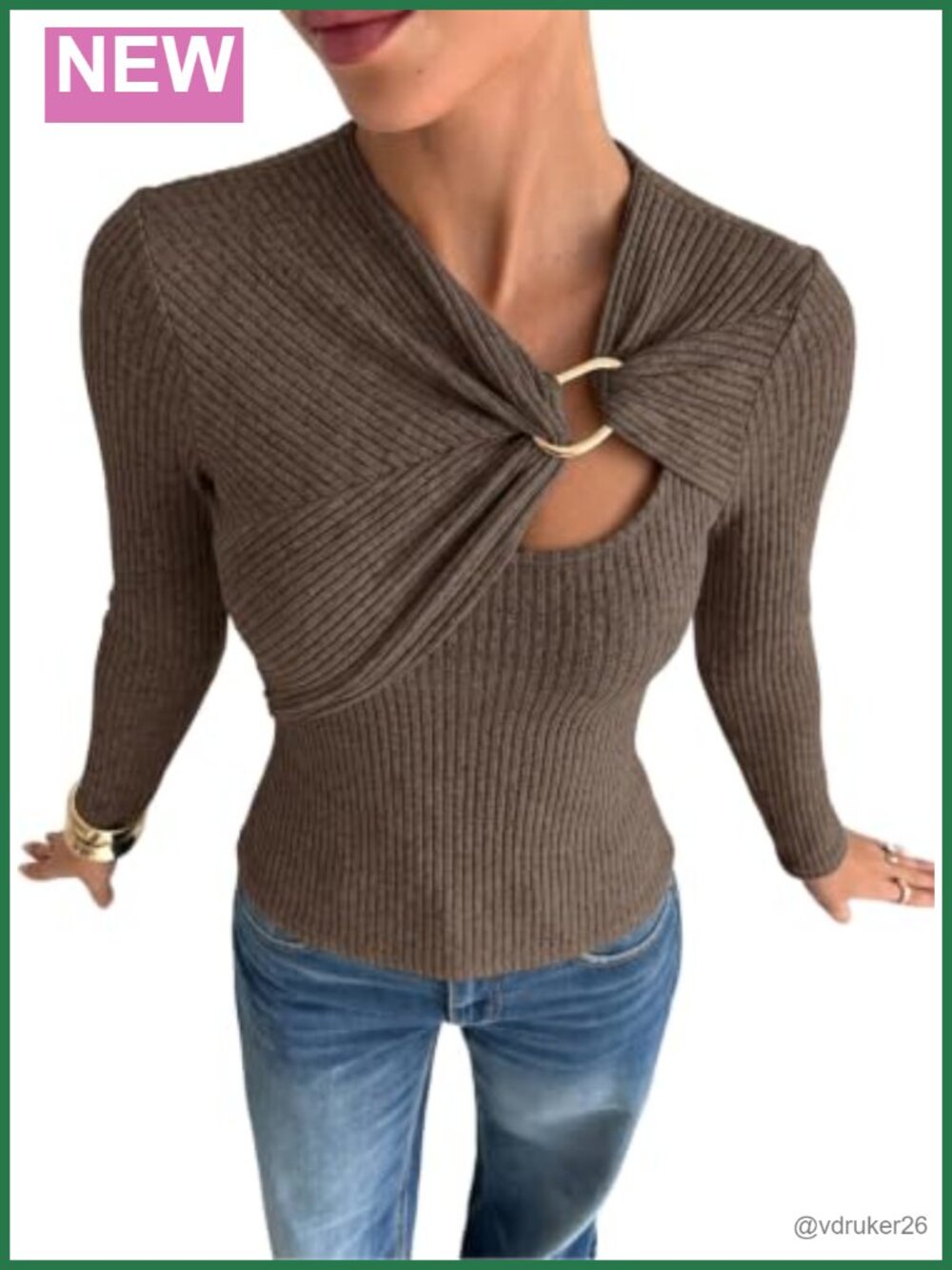 Women's Asymmetrical Twist Neck Long Sleeve Ribbed Knit Going Out Top